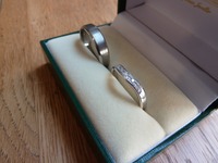 Gents brush finished wedding ring, ladies shaped and diamond set