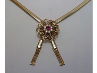 9ct yellow gold tassled necklet set with centre ruby, diamonds and emeralds on 9ct flat snake type chain