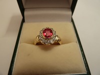 18ct gold and palladium red spinel and diamond cluster
